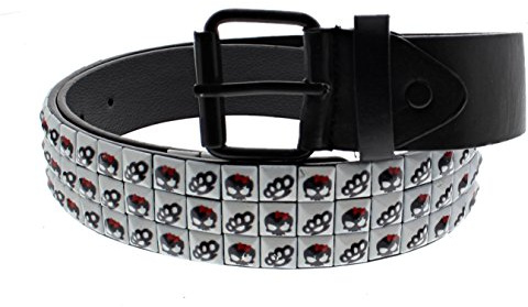 Zac's Alter Ego Punk Skull & Knuckle Dusters on White 3-Row Pyramid Belt
