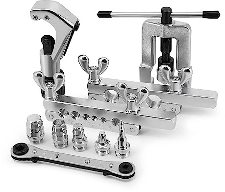 Flexzion Bördelwerkzeug-Set – 45-Grad-Bremsleitungsrohr, Kupfer, Messing, Aluminium, Baustahl, Extrusion, 0,6 cm bis 1,9 cm für HVAC, Wasser, Gasleitung, Automobil, Sanitär, mit Rohrschneider und
