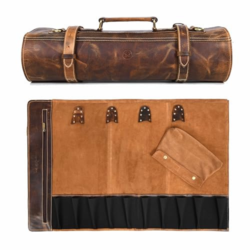 Leather Roll Knife Storage Bag | Elastic and Expandable 10 Pockets | Adjustable/Detachable Shoulder Strap | Travel-Friendly Chef Knife Case Roll by Aaron Leather Goods (Caramel)