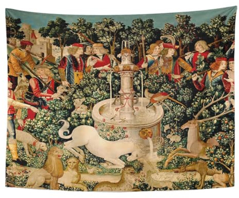 Semtomn Wandteppich, Kunstwerk, Wandbehang, Kritzelfliege, Einhorn, mittelalterliche Jagd, die gefundenen Mythischen Kreaturen, 152,4 x 203,2 cm, Heimdekoration, Wandteppich, Matratze, Tischdecke,