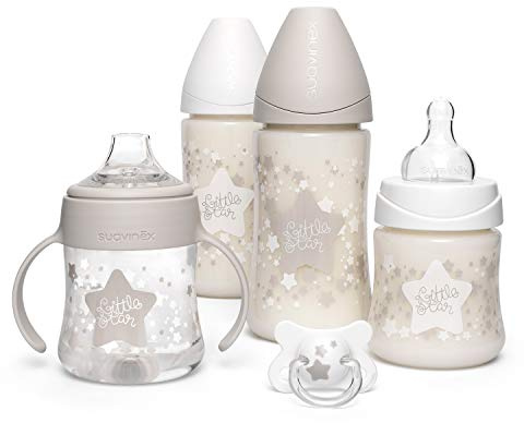 SUAVINEX Set für Neugeborene, 2x Babyflasche 270 ml + Babyflasche, 150 ml + Babyflasche, 150 ml mit Griffen + physiologischer Babyschnuller -2-4 Monate mit Silikon-Sauger, Farbe weiß