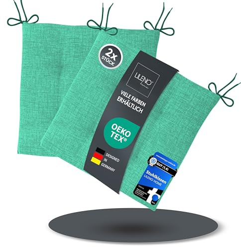 LILENO HOME 2er Set Stuhlkissen Türkisgrün (40x40x4,5 cm) - Sitzkissen für | Gartenstuhl, Küche oder Esszimmerstuhl - bequeme UV-beständige indoor u. outdoor Stuhlauflage als Stuhl Kissen