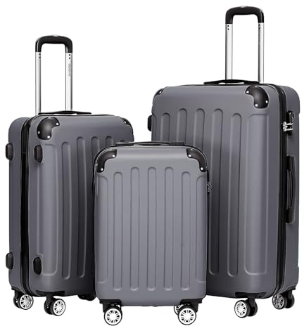 BEIBYE Kofferset 3-teilig – Kabinenkoffer, Reisekoffer und XL-Koffer aus ABS mit Doppelrollen und Zahlenschloss, Dark Grey