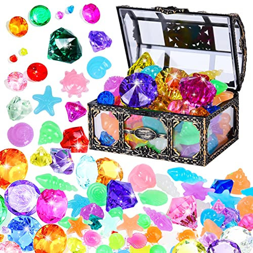 FORMIZON 166 Stück Tauchspielzeug für Kinder, Piraten Schatz Suche Spielzeug Bunte Acryl Edelsteine, Bunte Sinkende Tauchen Edelstein Kristall mit Unterwasserschatzkiste für Kinder Mädchen Junge