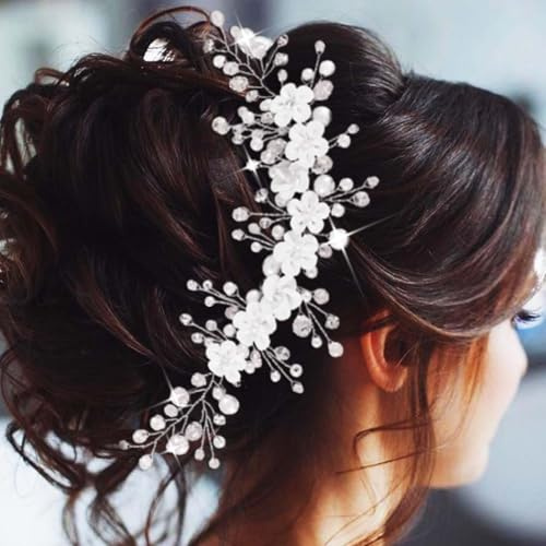 Unicra Blumenbraut-Haarschmuck, Silberfarbene Perlen, Hochzeits-Haarschmuck, Brautschmuck, Strass, Haarrebe für Frauen und Brautjungfern
