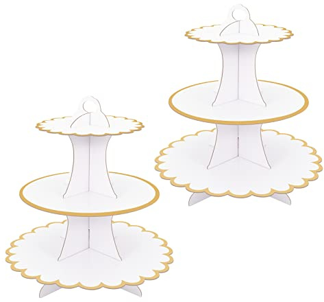 Paquete de 2 soportes de cartón blanco para cupcakes, soporte de postre de 3 niveles, soporte de cartón redondo de cartón para tartas de té de la tarde, soporte de pastel de 3 niveles para cumpleaños,