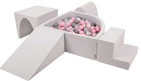 KiddyMoon Aire De Jeux en Mousse avec Quart Angulaire Piscine À Balles (200 Balles) pour Bébé, Gris Clair: Perle/Gris/Transparent/Rose Poudré