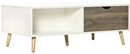 HOMCOM Coffee Table, Modern Tea Table with Open Storage Shelves, Two Drawers and Solid Wood Legs, Coffee Tables for Living Room, Bed Room, White