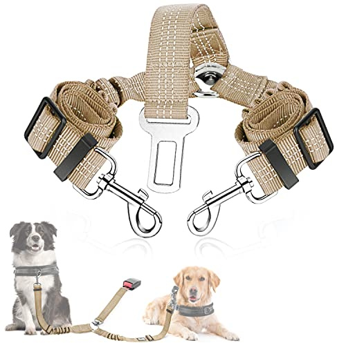 SlowTon Double Ceinture Chien Voiture - Laisse Double pour 2 Chiens Réfléchissante Réglable Ceinture de Securité pour Chien Voiture en Nylon élastique Harnais Voiture pour Chien Absorption des Chocs