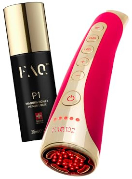 Set Beauty Answer FAQ 102 - Dispositivo antirughe con EMS, RF e 8 luci LED + Primer conduttivo FAQ P1 Manuka Honey (30 ml) - Terapia con luce rossa e radiofrequenza viso professionale