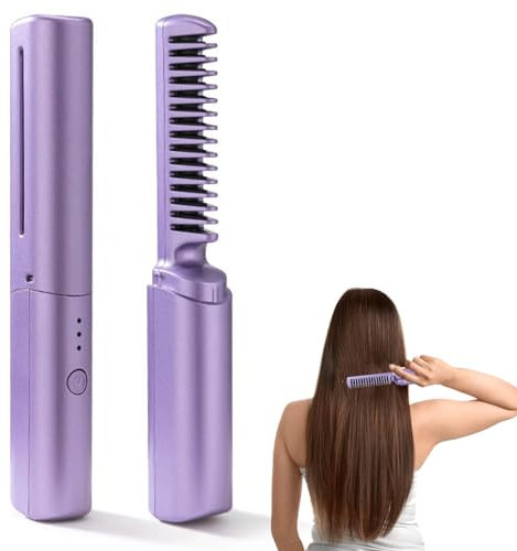 Rechargeable Mini Cordless Hair Straightener, 2 in 1 Anti-Scald Hair Straightening Brush and Curler, Multifunctional Negative Ion Hair Styling Comb(Purple)
