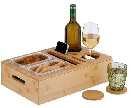 Relaxdays Couchbar, Bambus, 2 Snackschalen, Getränkehalter, Untersetzer, Handyhalter, Couchorganizer, Natur/transparent
