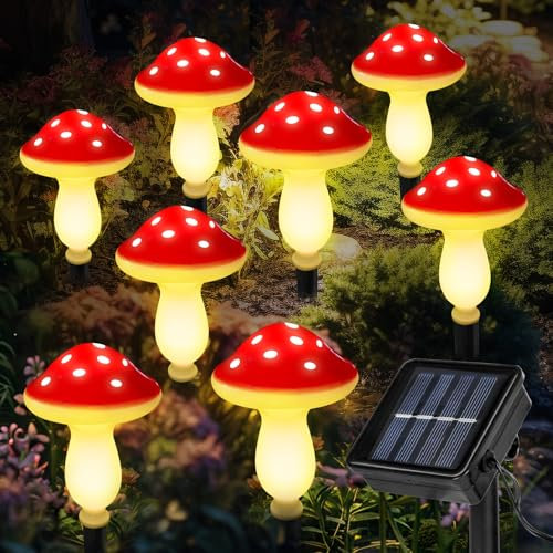 Kyduu 8piezas Lámparas solares de setas para Decoración Exterior,Luces Solares de Flores,Iluminación Decorativa Solar Impermeable IP65 para Decoración de Jardines,Luces Solares de Jardín Césped Camino