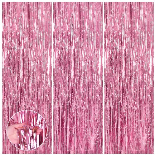 SYEYCW 3 Pezzi 1m x 2.5m Tende con Frange in Lamina Rosa, Frangia Tende Festa Sfondo, Tende Metalliche Tinsel, per Feste di Compleanno, Baby Shower, Matrimoni, Decorazioni Natalizie (Rosa)