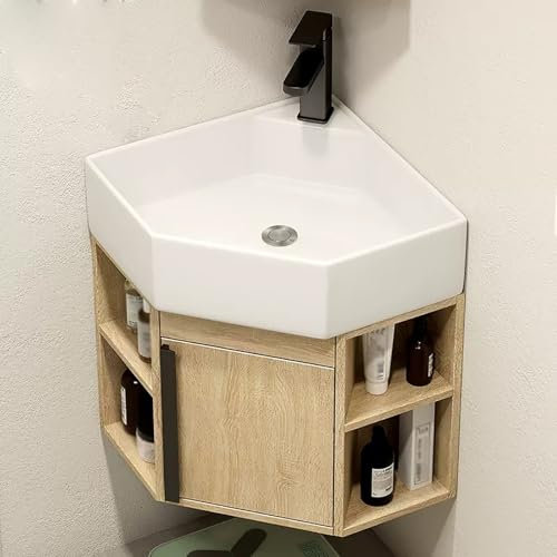 ZDMZR Lavandino del Bagno con Contenitore, Mobile Bagno con Lavabo, Lavabo Sospeso in Porcellana Ceramica, Lavabo Angolare da Parete(Beige,45cm/18in)