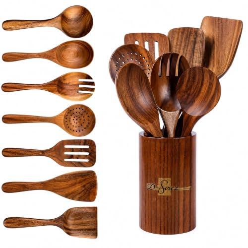 Wood Kitchen Utensils Set- 7+1 Acacia Wood Cooking Utensils Set- D.Sirez's Premium Quality Essential Cooking Acacia Wooden Spatulas for Daily Use!