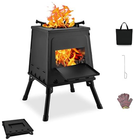 Zusammenklappbarer Holzofen für den Campinggebrauch, Tragbarer Holzofen aus Karbonstahl für den Außenbereich mit Tragetasche, zum Kochen, Heizen, Picknicken, Wandern, Grillen, Reisen, Wohnmobil(22x22x