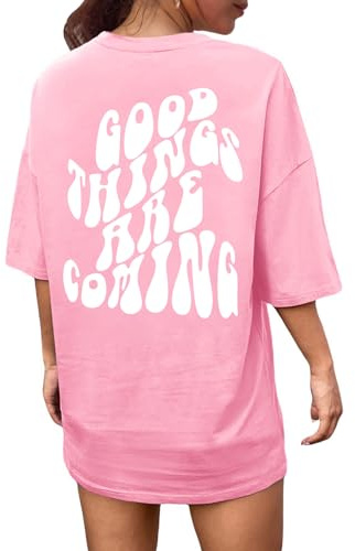 Svanco T-Shirt Oversize à Col Rond pour Femme Manche Courte avec Impression de Lettres Créatives Loose Haut Imprimé Streetwear Top