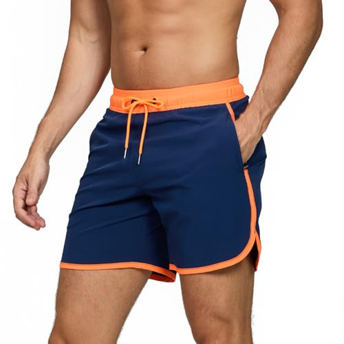 TMEOG Badshorts herr badbyxor herr badshorts retro badmode surfsport shorts korta strandshorts dragsko träningsshorts med dragkedja och nät (orange mörkblå, XXL), Orange mörkblå, 3XL