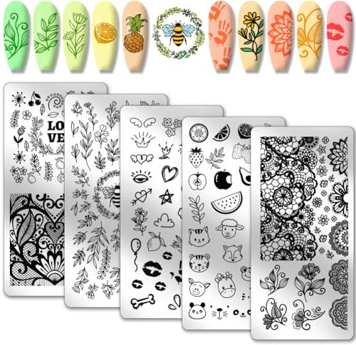 PH PandaHall 5 plantillas de arte de uñas con diseño de hojas de flores, estampado de uñas con forma de corazón, animales de frutas, plantillas de arte de uñas, placas de acero inoxidable, para