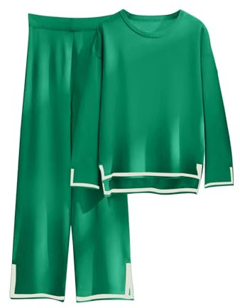 EZJOBLA Hausanzug Damen Zweiteiler Damen Kuschelig Langarm Loungewear Set Strickpullover Top Weites Bein Hose Freizeitanzug Rundhalsausschnitt Elegant Outfit