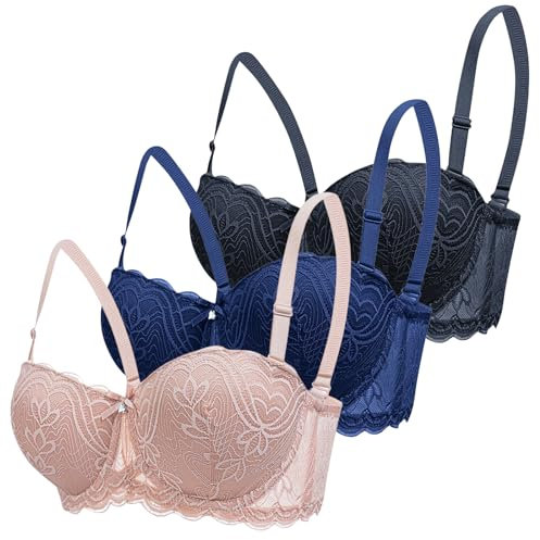 CSWH 3er Pack Damen BHS ohne Bügel Fraun Push Up Sexy Spitzen-BH mit verstellbarem Trägern Mädchen Atmungsaktiver Weich Bequemer BH Unterwäsche Bra für Alltag