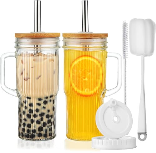 ALINK Vasos de vidrio acanalado de 24 onzas con tapas de bambú y popotes, paquete de 2 vasos de vidrio con asa, tazas de café helado reutilizables, tarro Mason de boca ancha, vasos para batidos Boba,