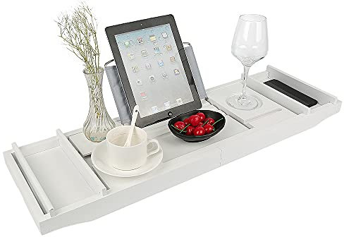 Vassoio per vasca da bagno regolabile, ponte vasca da bagno 70-105cm mensola vassoio vassoio da bagno in acrilico, supporto per libro/tablet (bianco)