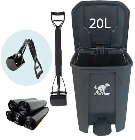 AkoSlale Dog Poo Bin for Garden with Scoop – 20L Complete Waste Disposal Kit, Foot Pedal, Collapsible Scoop, 100 Bags, Odour‑Control Lid, Weather‑Resistant for Patios & Yards