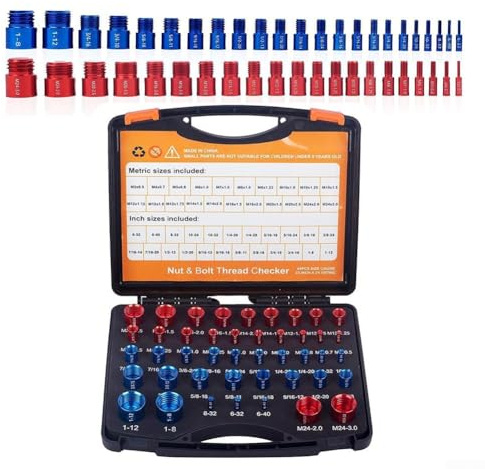 HpLive Kit testeur de filetage 26/44 pièces, gabarit de filetage, testeur de filetage pour vis et écrous, métrique et pouces, jauge de filetage en aluminium (26 pièces-rouge/bleu)