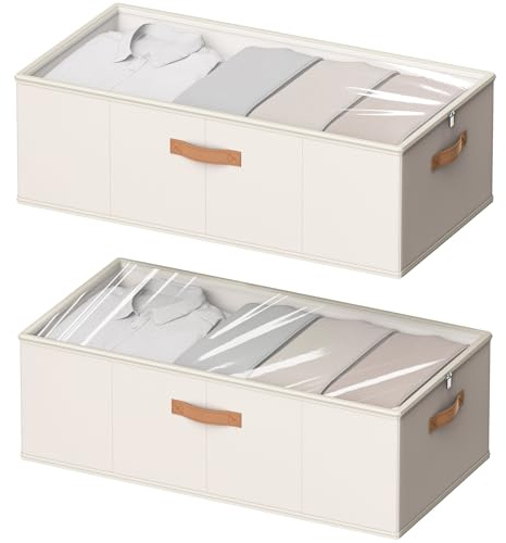 Chizjox 10 Inch 2 Pack Under Bed Storage Containers, 10 Inch Tall Underbed Clothes Storage Organizer Bin with Clear Window，Foldable Box Basket for Clothes, Closet, Bed Sheets and Blankets White