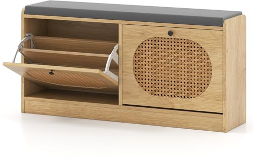 COSTWAY Shoe Storage Bench, Rattan Shoe Rack Stand with Seat Cushion, 2 Flip Drawers and Adjustable Shelves, Boho Wooden Hallway Bench Stool Cabinet Shoes Organizer Unit for Entryway Bedroom, Natural