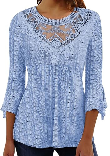 Cocila Blouses Femmes Grande Taille Haut À Manches Trois-Quarts pour Femmes, Confortable Et Décontracté, Ajouré Transparent, Couture en Dentelle, Nouvelle Été Robe Longue Transparente Blouse