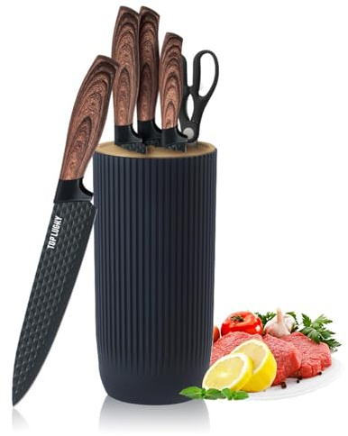 Chef Knife Set with Block, 6-Piece Kitchen Knives Set with Sharp Blades, Professional Knife Set with Ergonomic Handle, Non-Stick Stainless Steel Knife Block Set (Black-2)