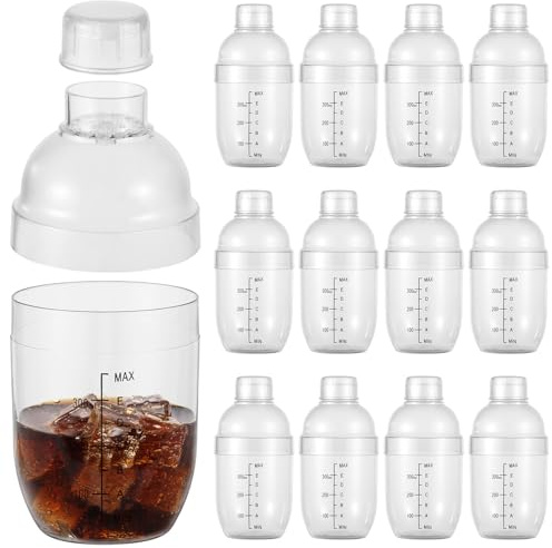 Paquete de 12 cocteleras transparentes de 350 ml, coctelera de plástico con colador integrado para el hogar y fiestas