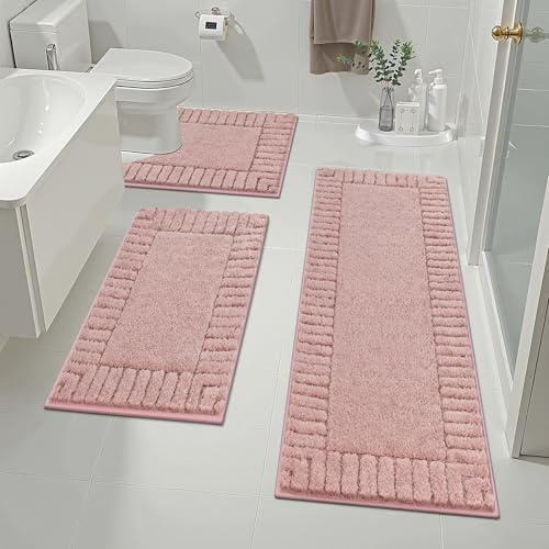 Pauwer Bathroom Rugs Sets 3 Piece Bathroom Shower Rugs with U-Shaped Contour Toilet Mat Absorbent Microfiber Plush Bath Mats Non Slip Bath Rug Machine Washable Shaggy Bath Mat Set, Dusty Pink