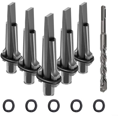 Cuñas de división de piedra, paquete de 5 cuñas de alta dureza de 18 mm con anillos de cuero y broca SDS de 18 x 200 mm para romper piedras (juego de brocas de 18 mm)