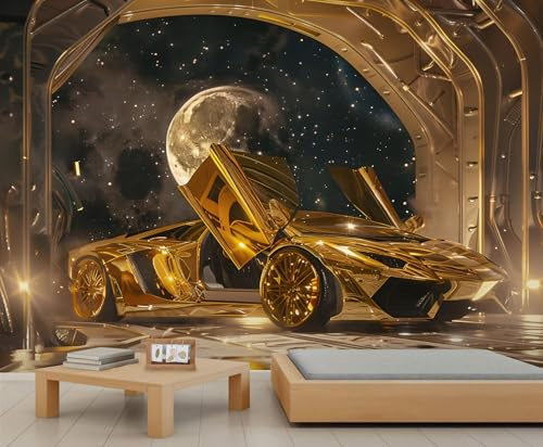 Gold Sports Car Mural Space Cosmic Sky Wallpaper Moon Wall Mural Wallpaper Luxury Wall Paper for Girls Bedroom Murals Living Room Paintings Poster 280X200cm