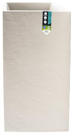 EDA - Bac à Fleurs Carré Haut Volcania 31 L - Décor Imitation Pierre - Double Paroi - Zone de Rétention d'eau - 39,5 x 39,5 x 80 cm - Beige Calcaire