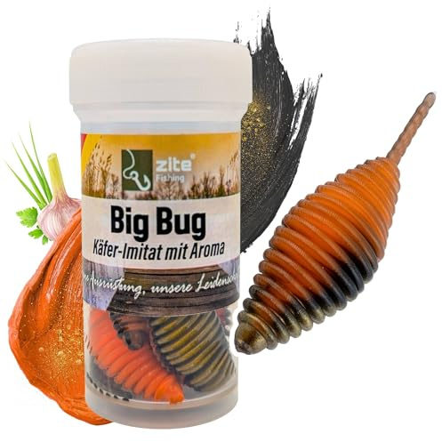 Zite Fishing Big Bug Forellenköder Gummi | Käfer-Imitat 5 cm 8 Stück | Knoblauch & Käse Flavour | Made in Germany | Phthalatfrei | UL Twitchköder am Tungsten Jighaken