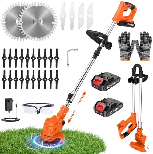 Cortabordes Inalámbrico para Césped, Desbrozadora a Batería con 4 Cuchillas, 2 Baterías 21V 2000mAh y Mango Telescópico