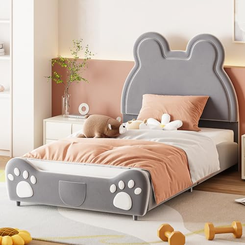Mrwoo Schlafsofa 90x200 cm, Kinderbett Polsterbett mit Bärenform Kopfteil, Lattenrost, für Geeignet Kinder und Jugendliche, Velvet (Ohne Matratze) (Grau, 90x200 cm)