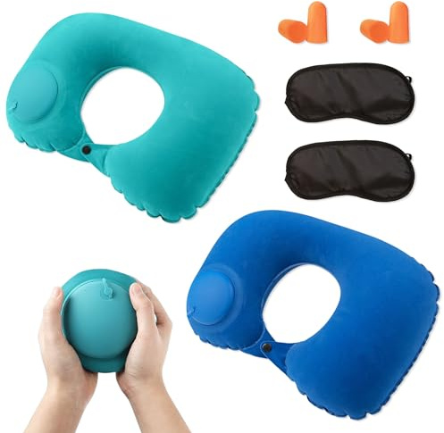 JNYUTEEN 2 Stück Nackenkissen Flugzeug Aufblasbar, Tragbares Nackenkissen Reisekissen mit Augenmaske Ohrstöpsel, Travel Pillow Nackenhörnchen für Flugzeug Auto Büro Outdoor