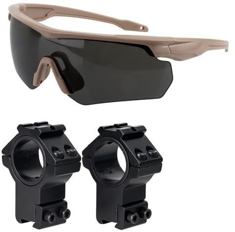 ToopMount Lunettes de sport avec montage haut et anneaux de lunette de visée, monture kaki, 3 verres interchangeables et anneau de lunette 25,4/30 mm pour montage en queue d'aronde