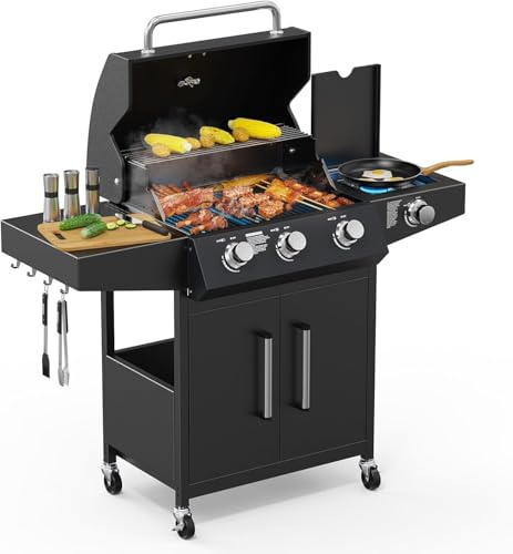 Outopee 3+1 Burner Propane Gas Barbecue Grill with Side Burner, Portable Gas BBQ with Enameled Cast Iron Grate, Warming Rack, Thermometer & Wheels for Patio Garden Party Camping Outdoor Cooking