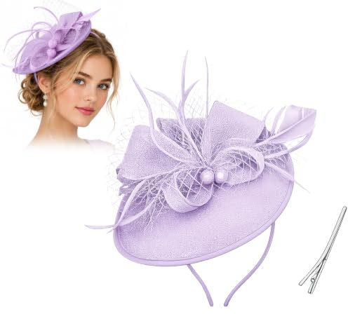 Lilac Pillbox Fascinator with Feather Flower, Headband and Forked Clip