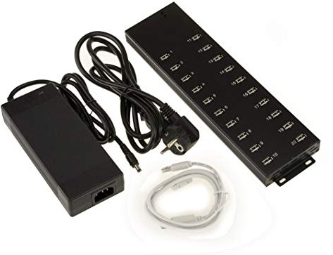 KALEA-INFORMATIQUE Estación de Carga multitoma USB de 20 Puertos con Fuente de alimentación de 96W, USB 2.0 Tipo HUB Industrial. Dividida en 2 Líneas de 10 Puertos