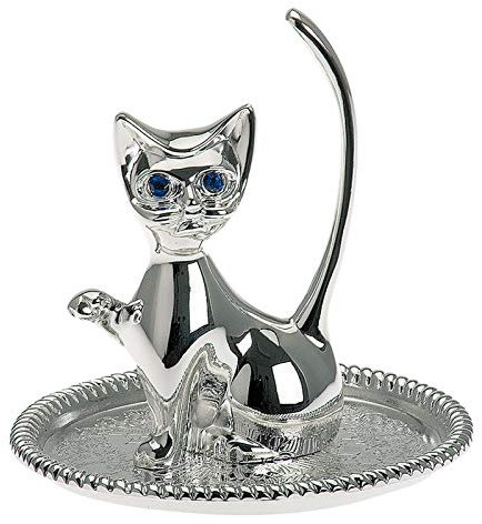 Ringhalter Katze - versilberte Schmuckablage mit rundem Tablett & erhobenem Katzenschwanz, anlaufgeschützt, dekorativer Ringständer für Schminktisch & Geschenkidee