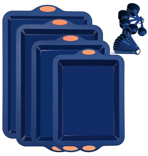 To encounter Silicone Baking Pans Set, 4 Pieces Nonstick Bakeware Set with Baking Pans, Baking Sheets, Cookie Sheets, Cake Pan with Metal Reinforced Frame More Strength, Navy Blue