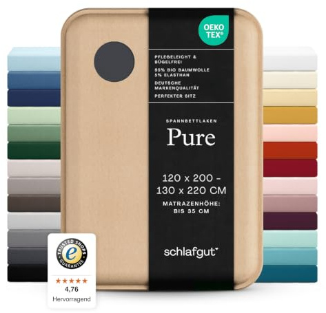 schlafgut Pure Spannbettlaken 120x200 cm Bio-Baumwolle Jersey, Grey Deep | Bettlaken, Spannbetttuch 130x200, 130x220 cm, Grau, Mako Baumwolle Elasthan, bis 35 cm Steg, Rundumgummi